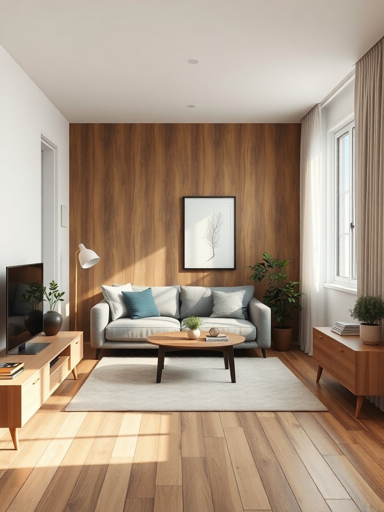 A cozy living room with wooden accents, plants, and natural light.
