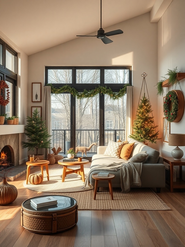 A cozy living room with natural decor elements like wooden furniture and woven baskets.
