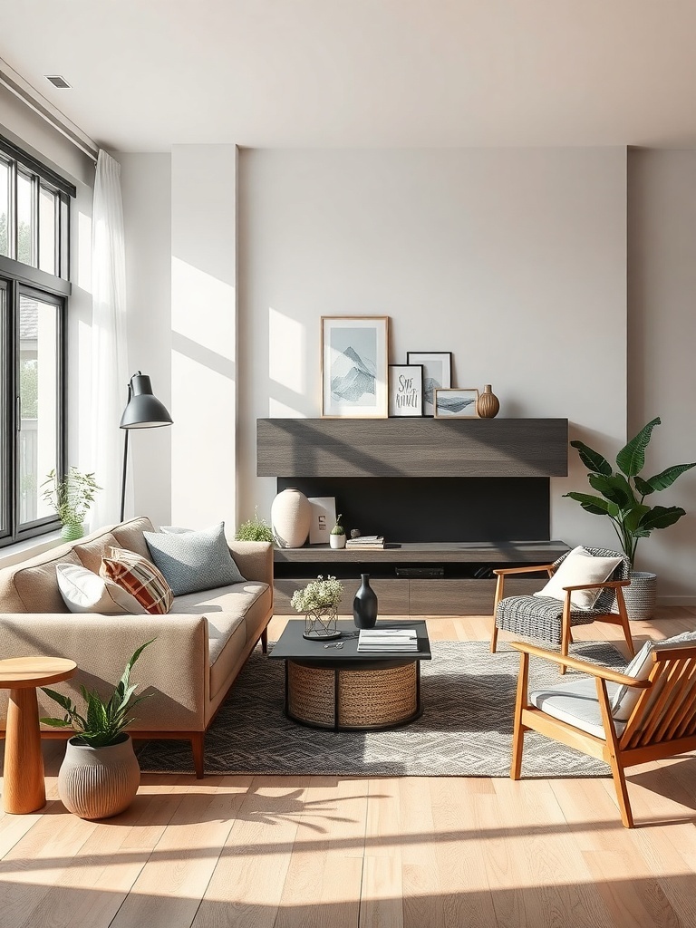 A bright Scandinavian living room featuring natural materials and eco-friendly furniture.