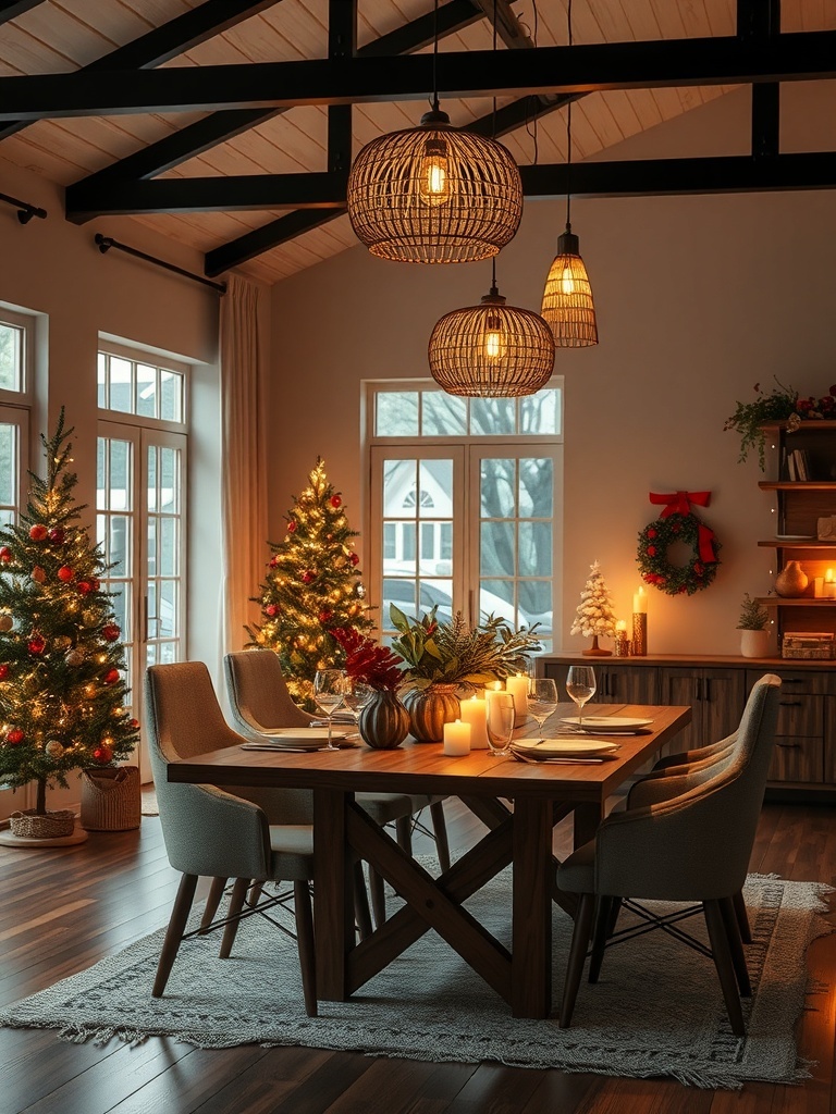 A cozy dining area with sustainable lighting and festive decorations.