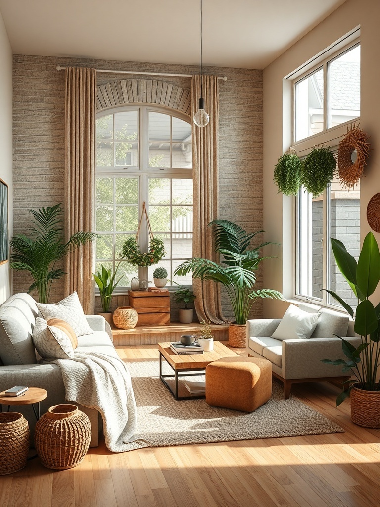 A bright and airy living room featuring sustainable materials, plants, and natural light.