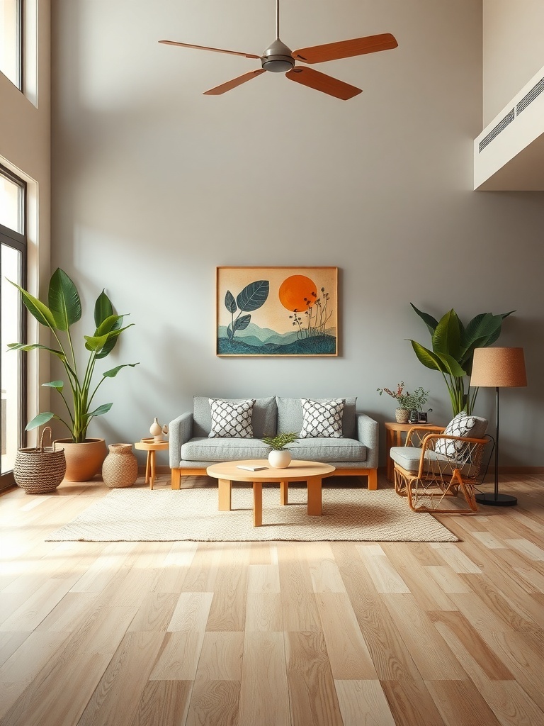 A modern living room featuring sustainable materials, natural light, and plants.
