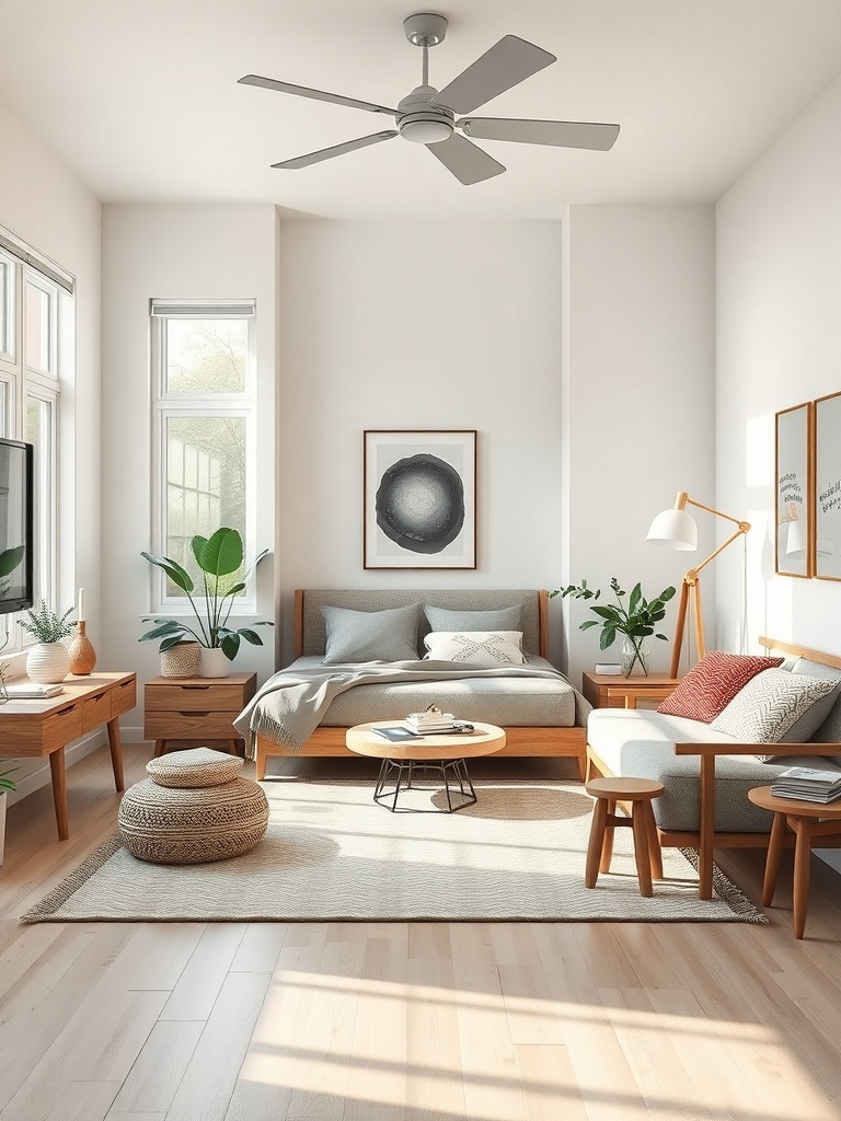A cozy bedroom featuring wooden furniture, soft textiles, and indoor plants, emphasizing sustainable materials.