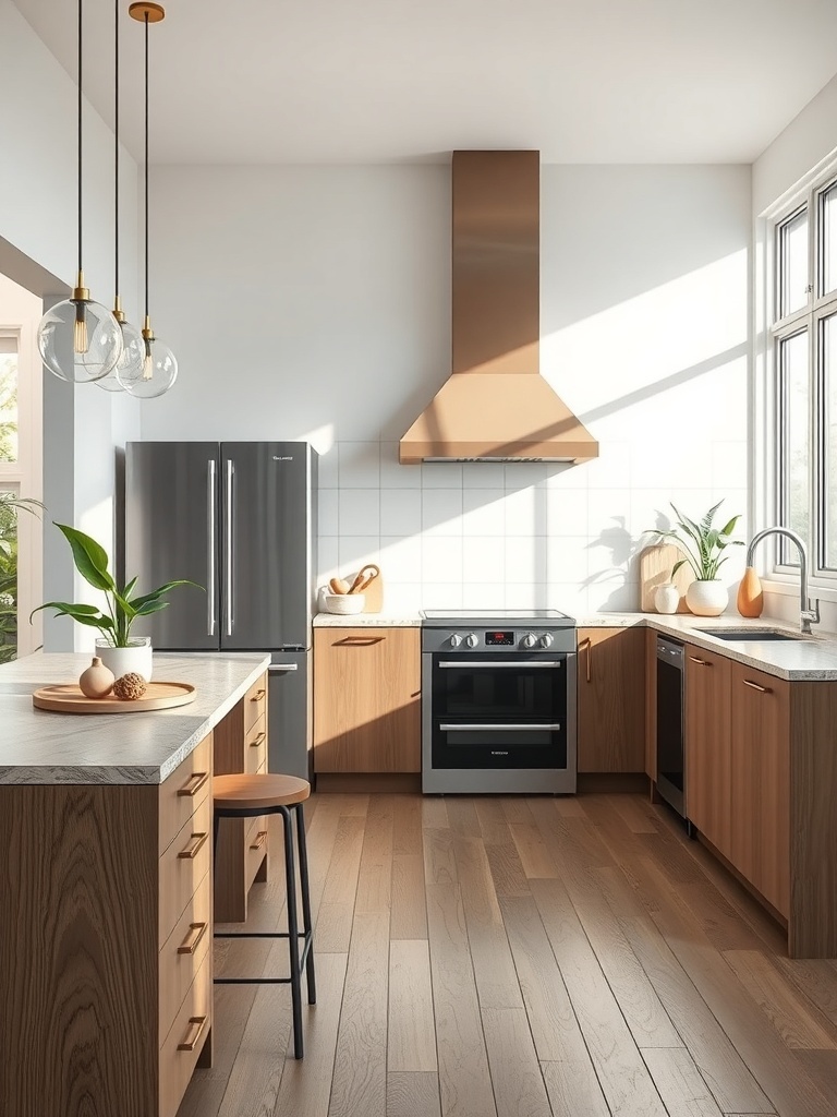A modern kitchen featuring sustainable materials with wooden cabinets, energy-efficient appliances, and natural light.
