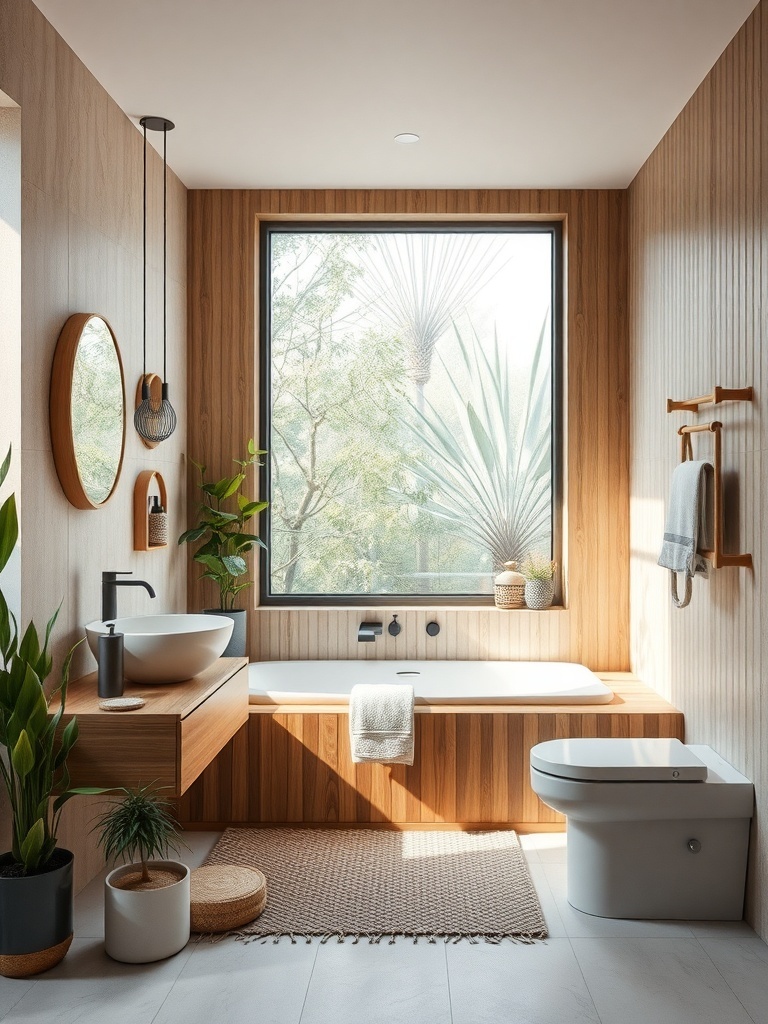 A modern bathroom featuring sustainable materials, including wooden accents and plants, with natural light coming through a large window.