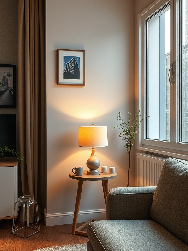 A cozy corner featuring a stylish table lamp on a wooden side table, with a comfortable couch and window view.