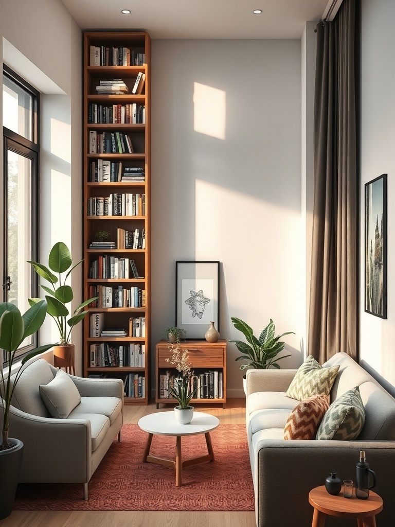 A cozy living room featuring tall bookshelves filled with books, plants, and comfortable seating.