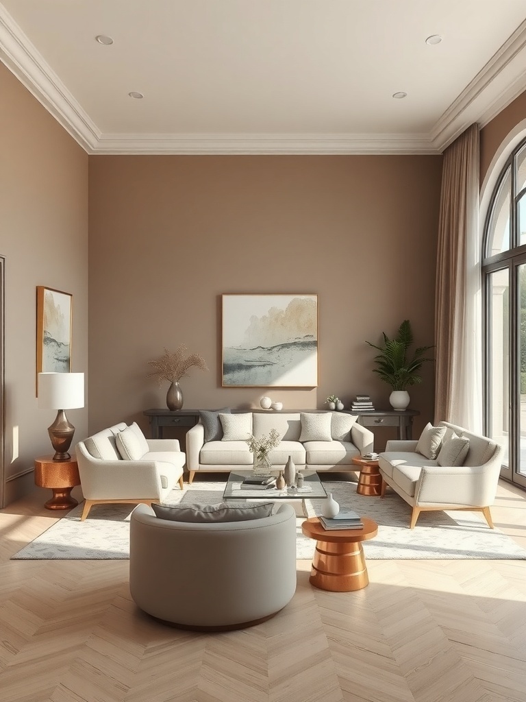 A cozy living room featuring a taupe and cream color palette with light sofas, wooden furniture, and natural light.