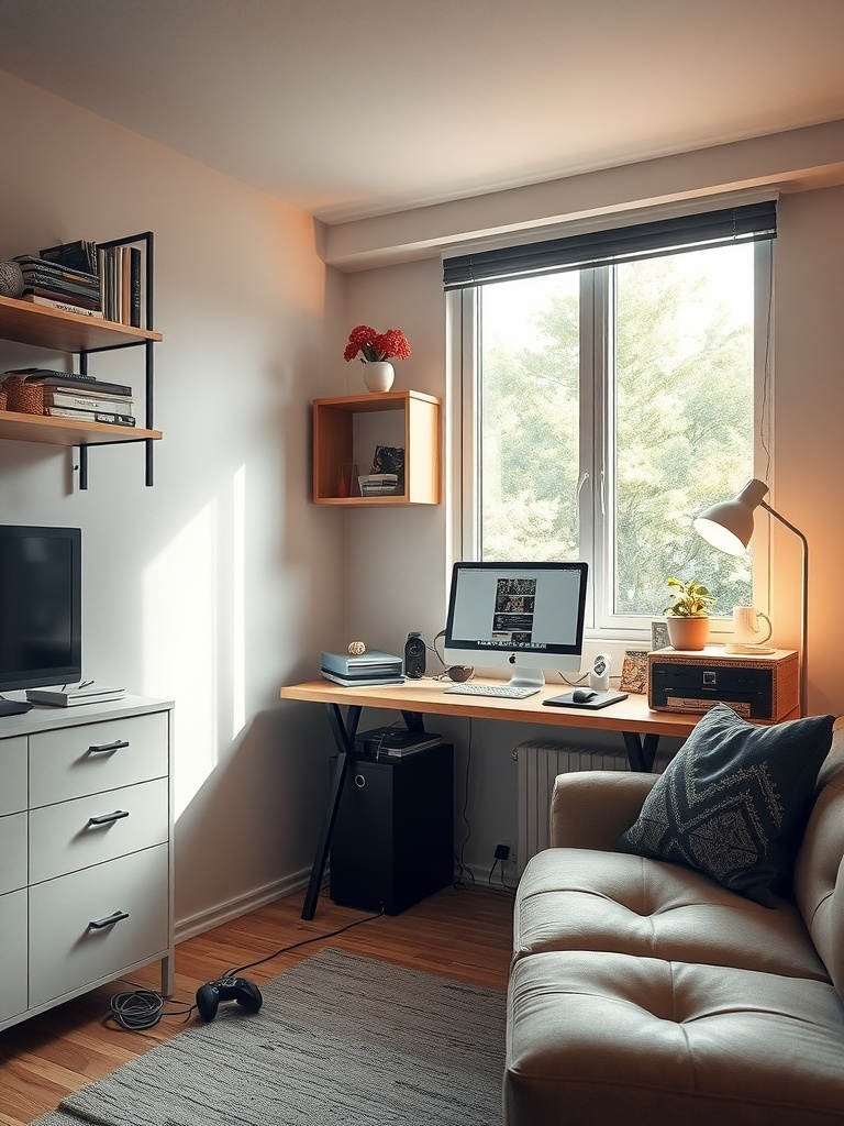 A small workspace with a desk, computer, and organized tech items.