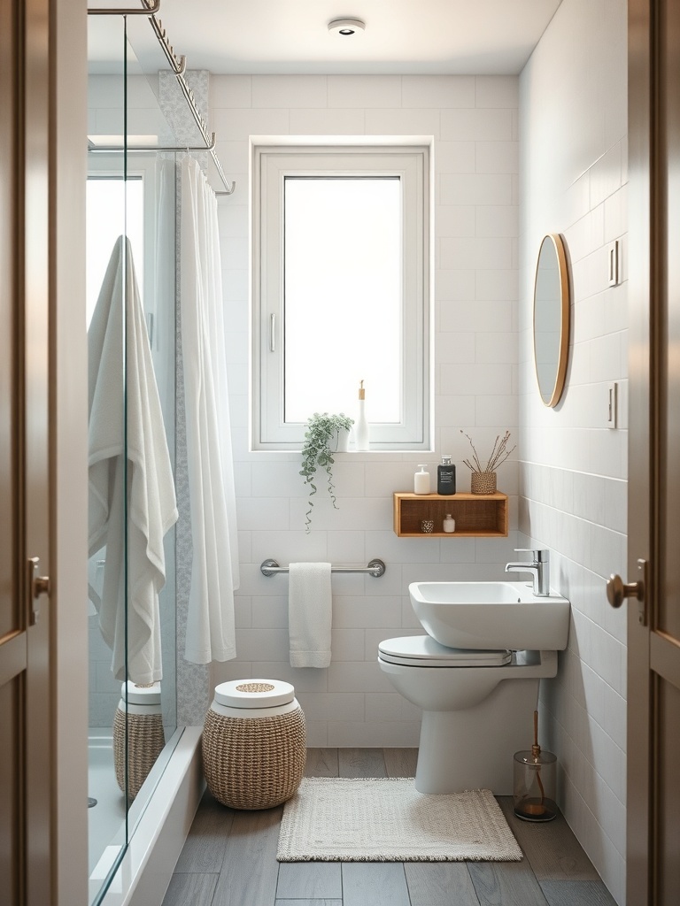 A modern bathroom featuring a tension rod with towels and a stylish decor.