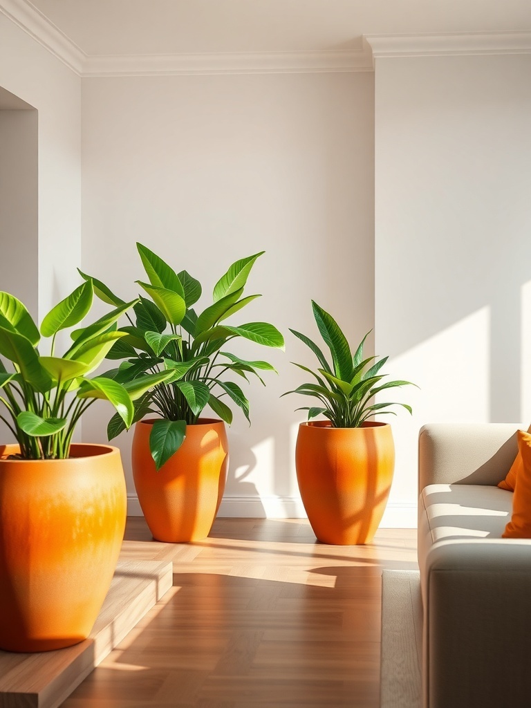 Vibrant orange terracotta planters with lush green plants in a bright living room setting.