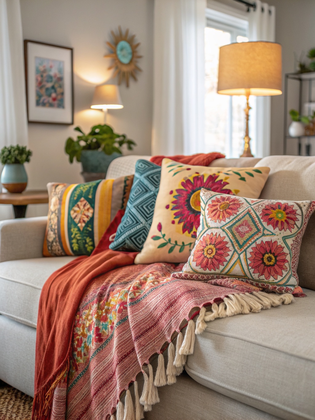 A cozy sofa with colorful pillows and a vibrant throw, showcasing textile transformations in a living room.