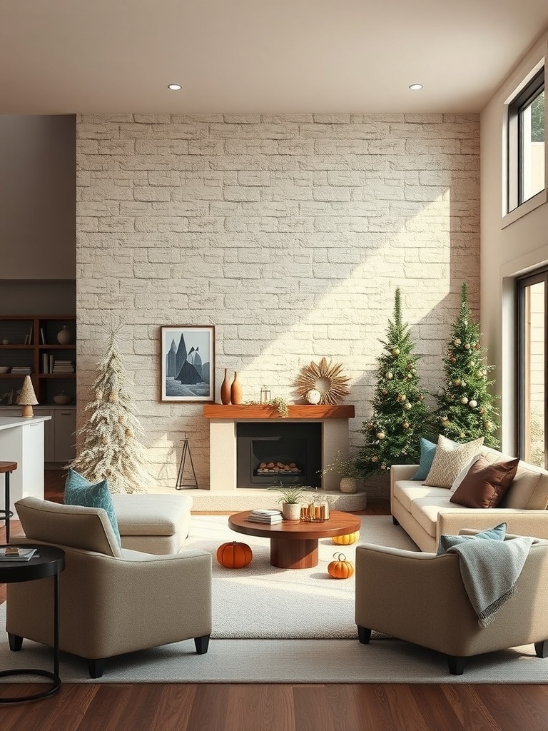 A cozy living room featuring a textured accent wall with a fireplace, decorated for the holidays.