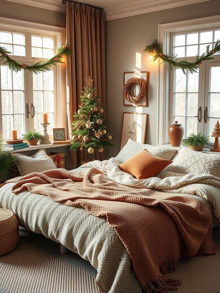 A cozy bedroom with layered textured blankets, warm colors, and festive decor.
