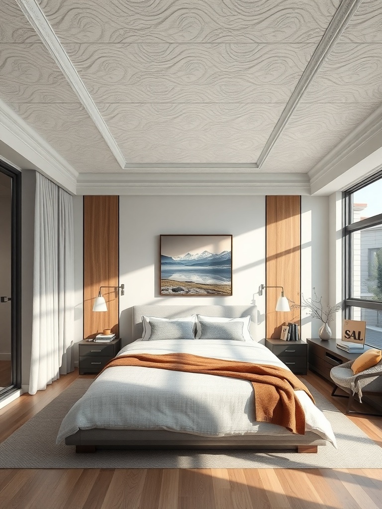 Cozy bedroom with a textured ceiling and warm wooden accents.