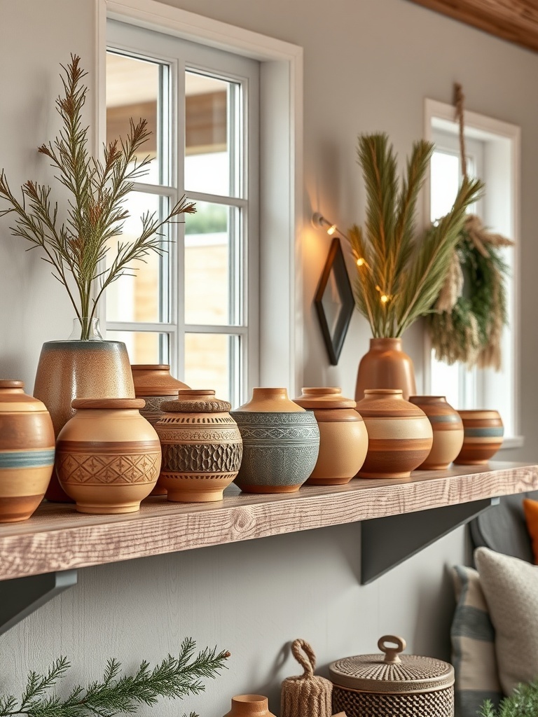 A collection of textured clay pottery displayed on a wooden shelf with greenery in the background.