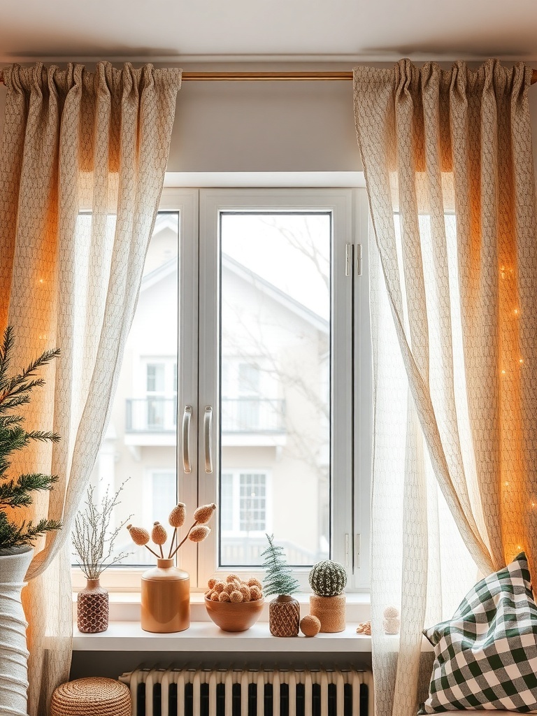 A cozy window with textured curtains, potted plants, and decorative items.