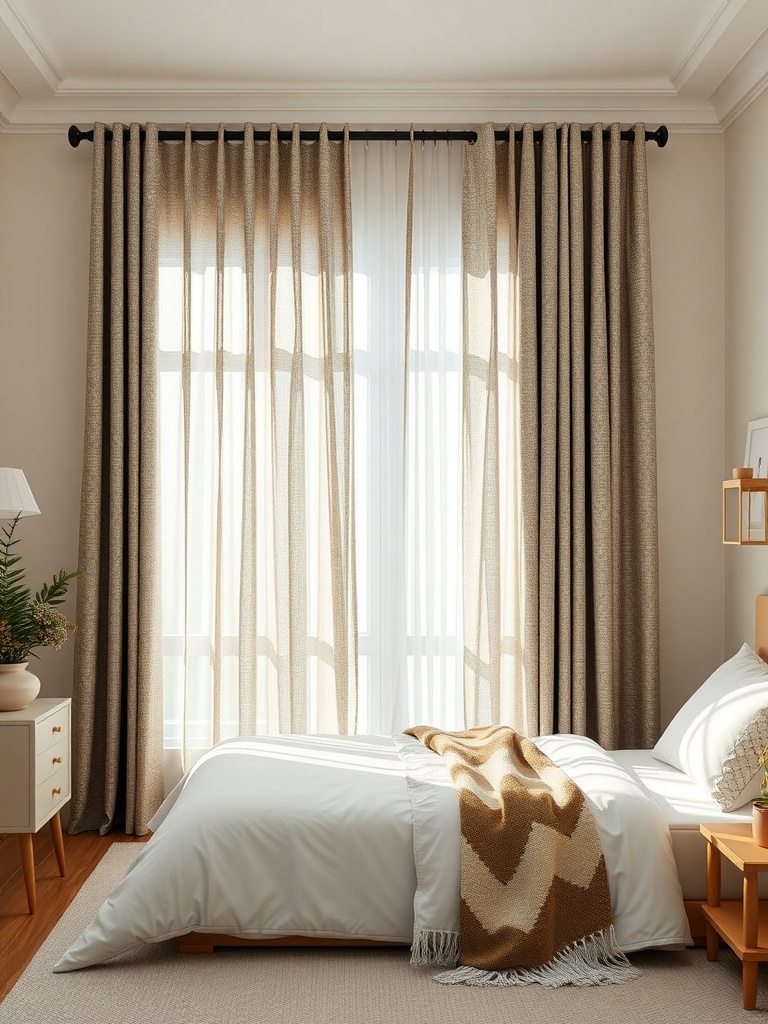 A cozy bedroom with textured curtains, a white bedspread, and a patterned throw blanket.