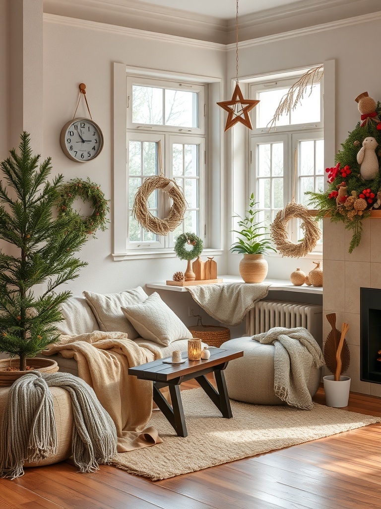 Cozy living room with textured fabrics and natural materials.