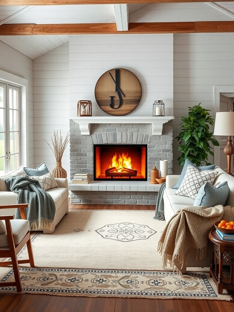 A cozy farmhouse living room with textured fabrics and throws.