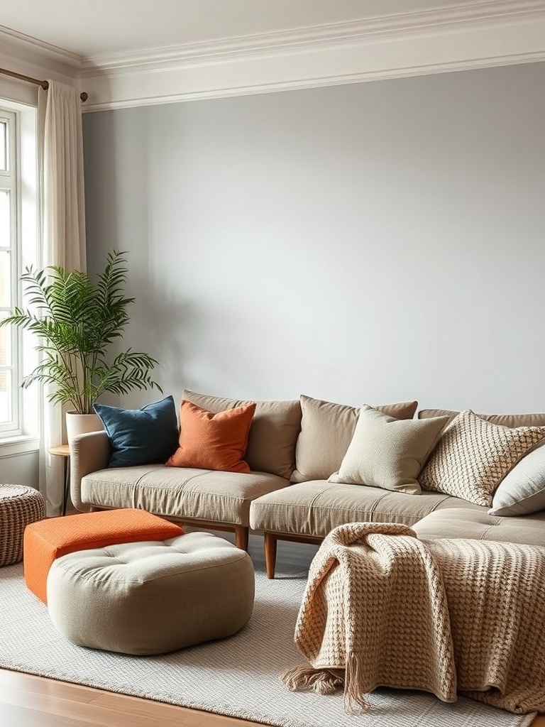A cozy living room featuring a textured sofa with colorful cushions, a knitted throw blanket, and a plant by the window.