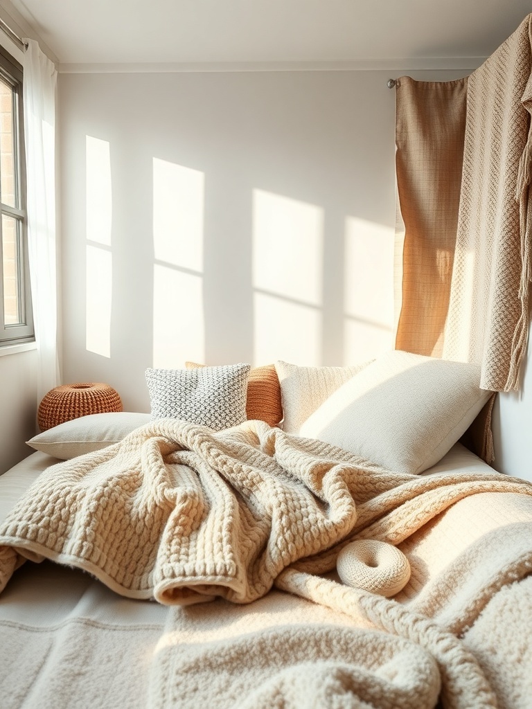 A cozy small bedroom featuring a bed with textured fabrics, including a chunky knit blanket and patterned pillows, illuminated by natural light.