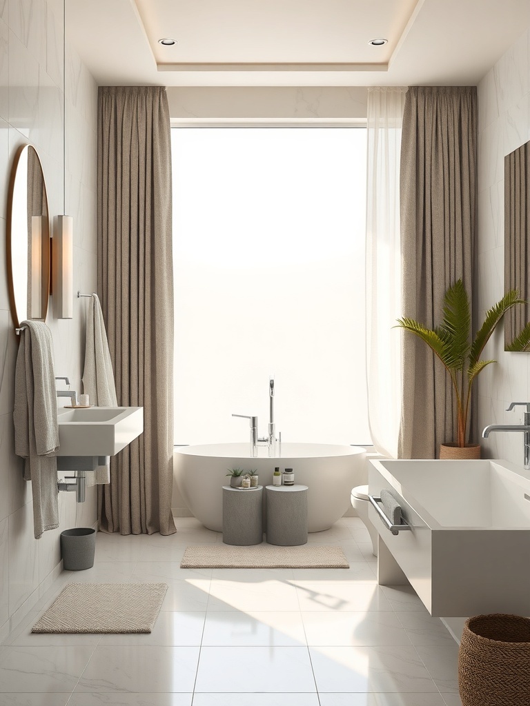 A modern bathroom featuring textured fabrics, including soft curtains and towels, with a sleek design.