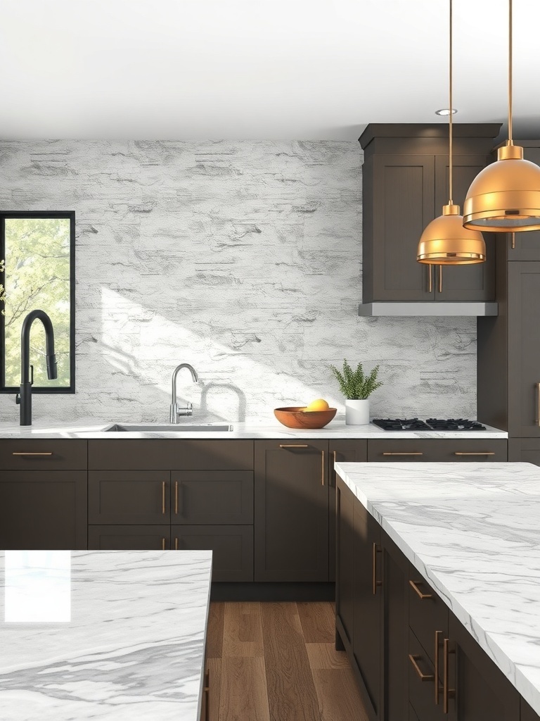 Modern kitchen with textured finishes, featuring a stone wall, dark cabinetry, marble countertops, and golden pendant lights.
