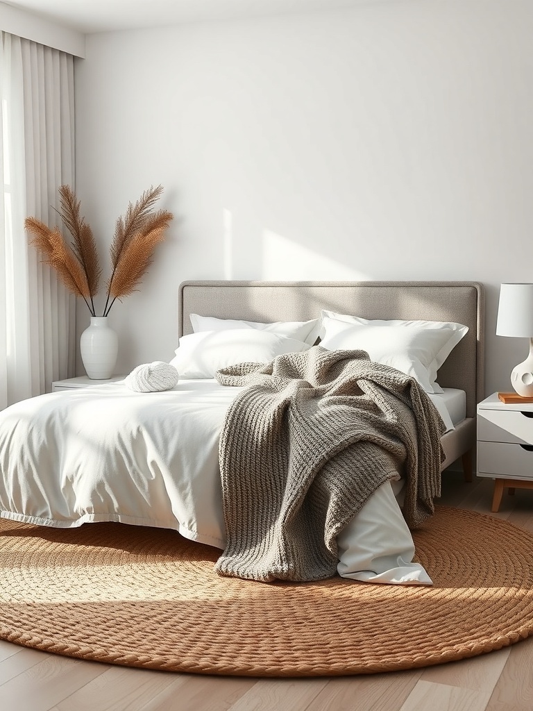 Minimalist bedroom featuring a bed with white linens, a chunky knit blanket, and a round woven rug, complemented by pampas grass in a vase.