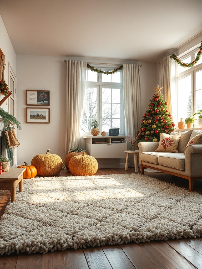 Cozy living room with a textured rug, pumpkins, and a Christmas tree.