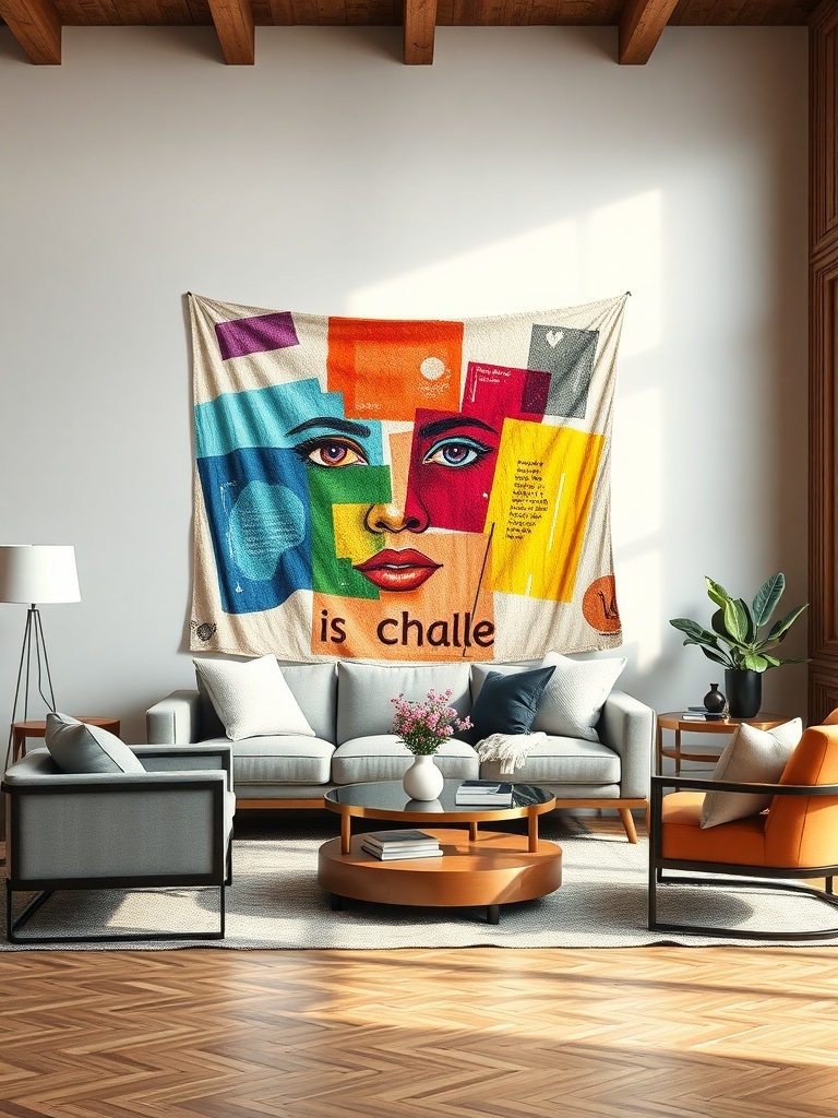 A colorful tapestry with a face design hanging on a living room wall, surrounded by modern furniture.