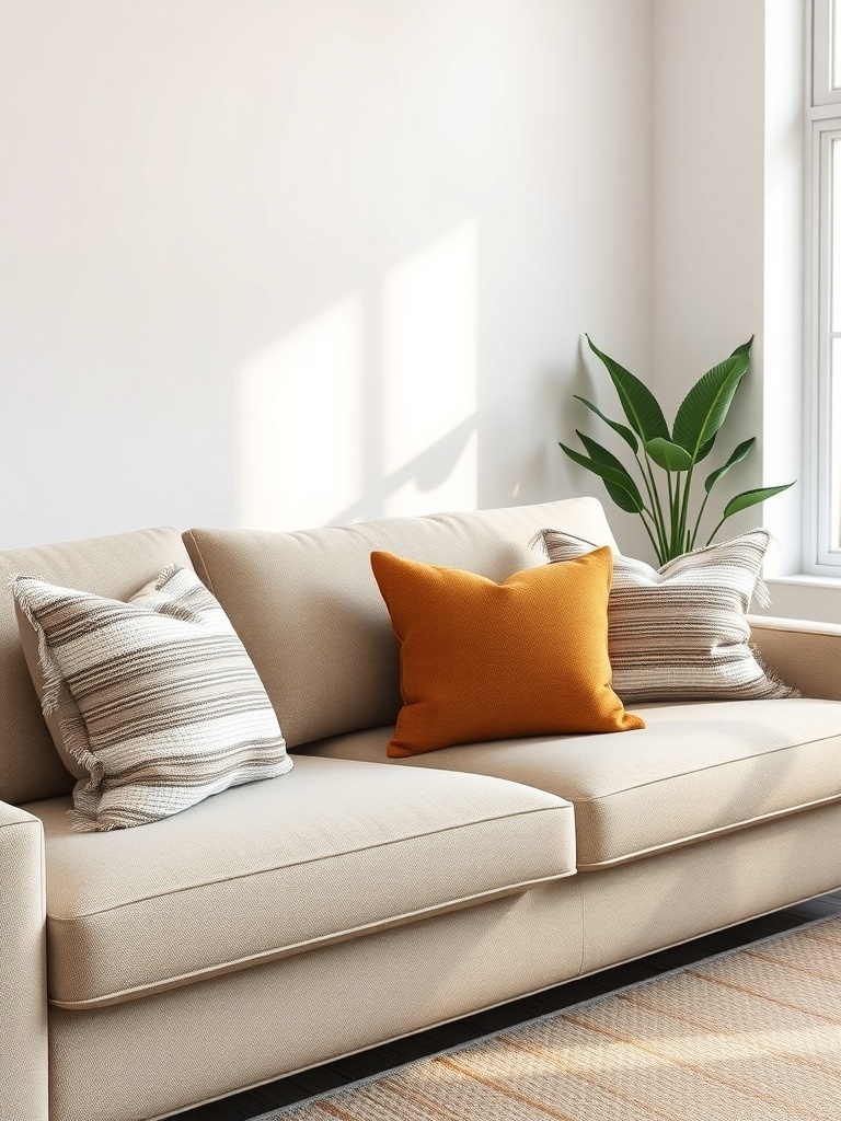 A cozy living room with a beige sofa adorned with textured throw pillows in striped patterns and a bright orange pillow, complemented by a green plant.