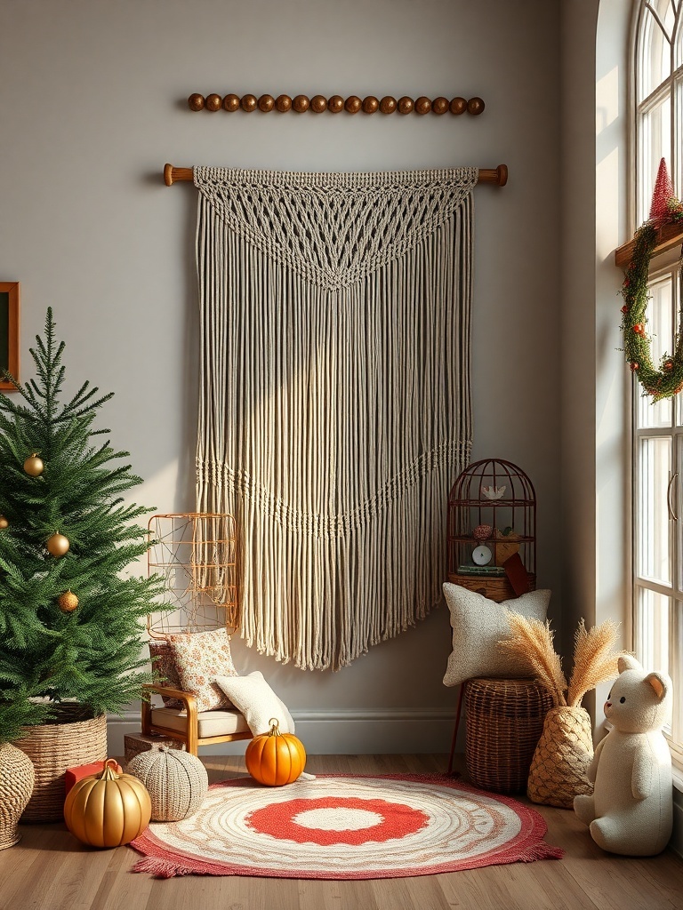 A cozy apartment corner featuring a macrame wall hanging, a Christmas tree, and decorative pumpkins.