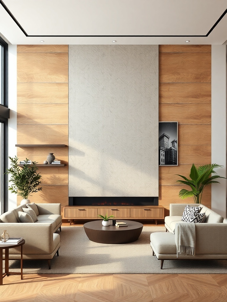 A modern living room featuring textured wall panels, light furniture, and plants.