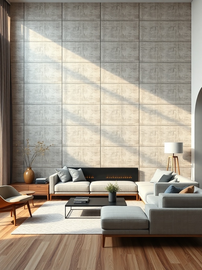 Living room with textured wall panels, modern furniture, and warm lighting