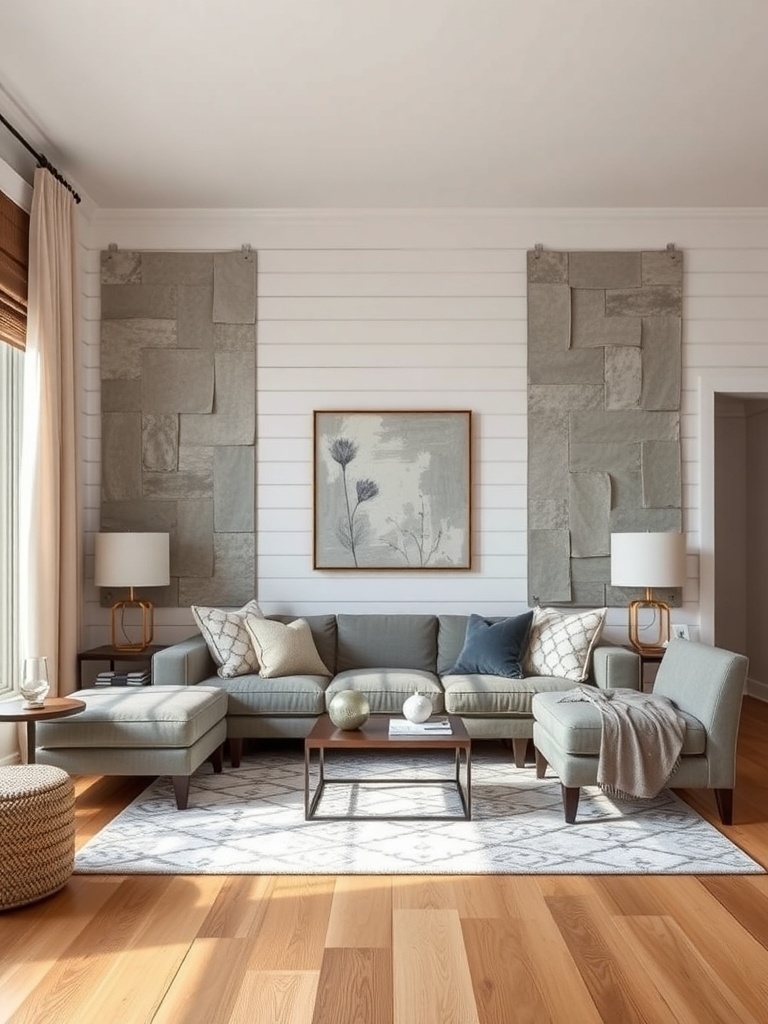 Cozy living room with textured wall treatments and soft furnishings.