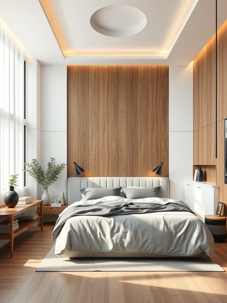 A modern bedroom with a textured wooden wall, soft bedding, and stylish decor.