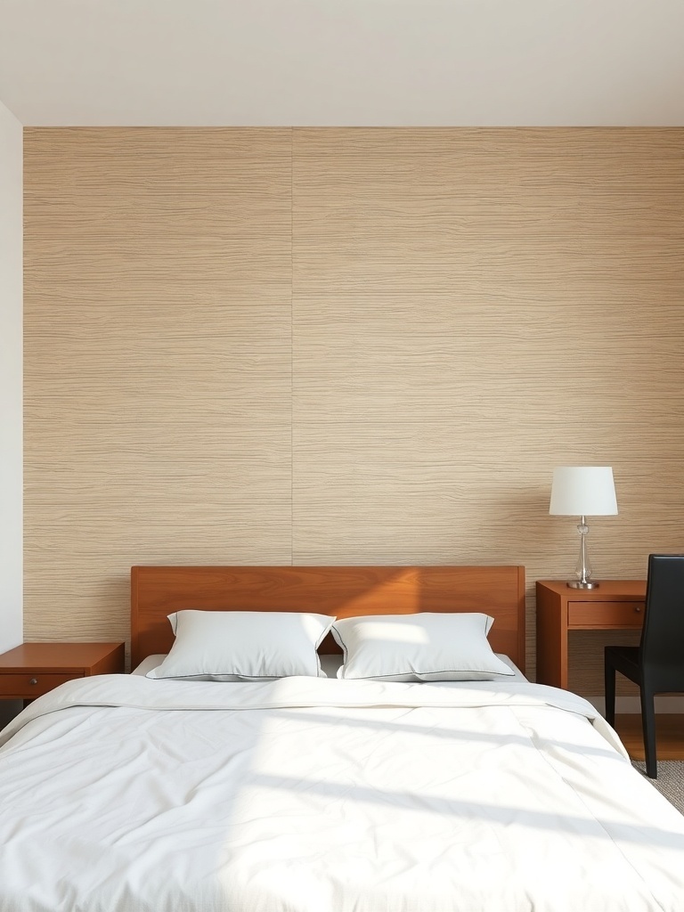 Cozy bedroom with textured wood wall treatment and simple decor