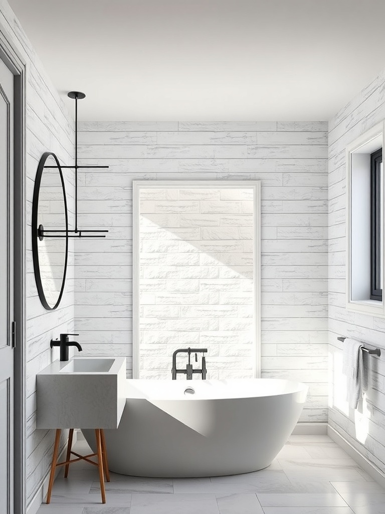 Modern bathroom with textured wall treatments, featuring a freestanding bathtub and minimalist sink.
