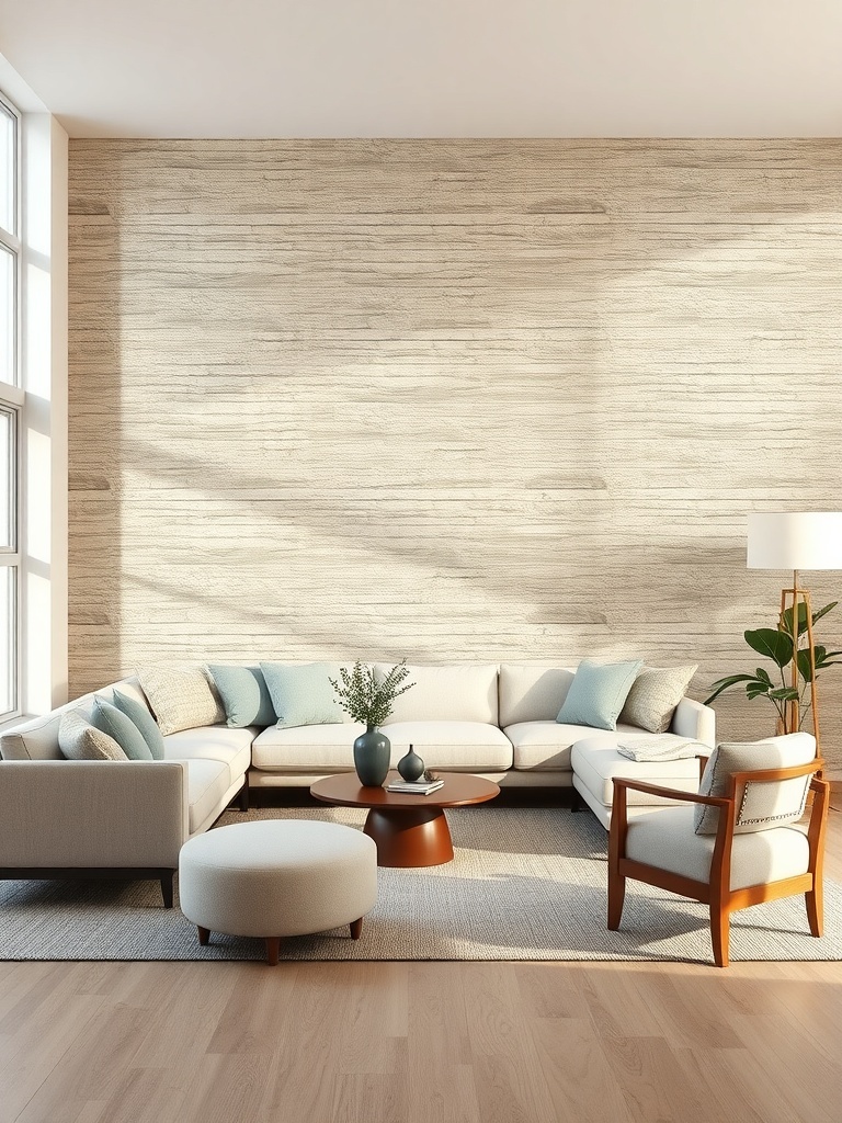 A Scandinavian living room featuring a textured wall treatment with a light color palette.