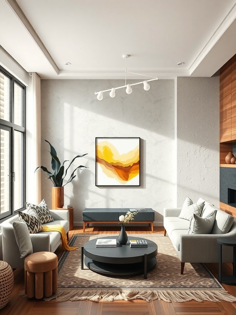 A stylish boho living room featuring textured wall treatments and cozy decor.