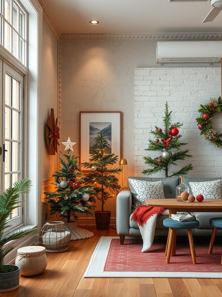 Cozy living room with textured wall treatments and festive decorations.