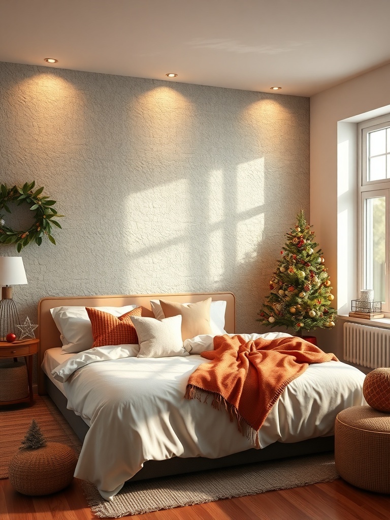 A cozy bedroom featuring a textured wall, warm lighting, and festive decor.