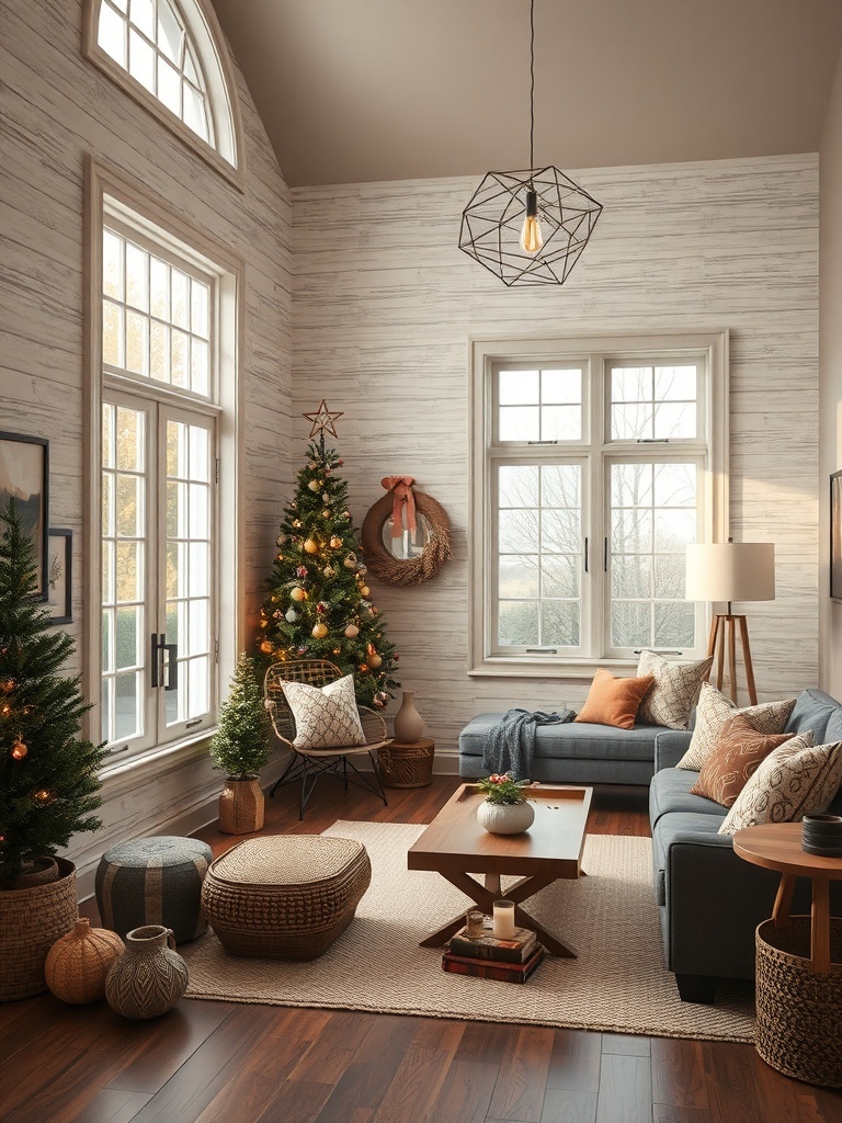 Cozy living room with textured wall treatments and holiday decor.