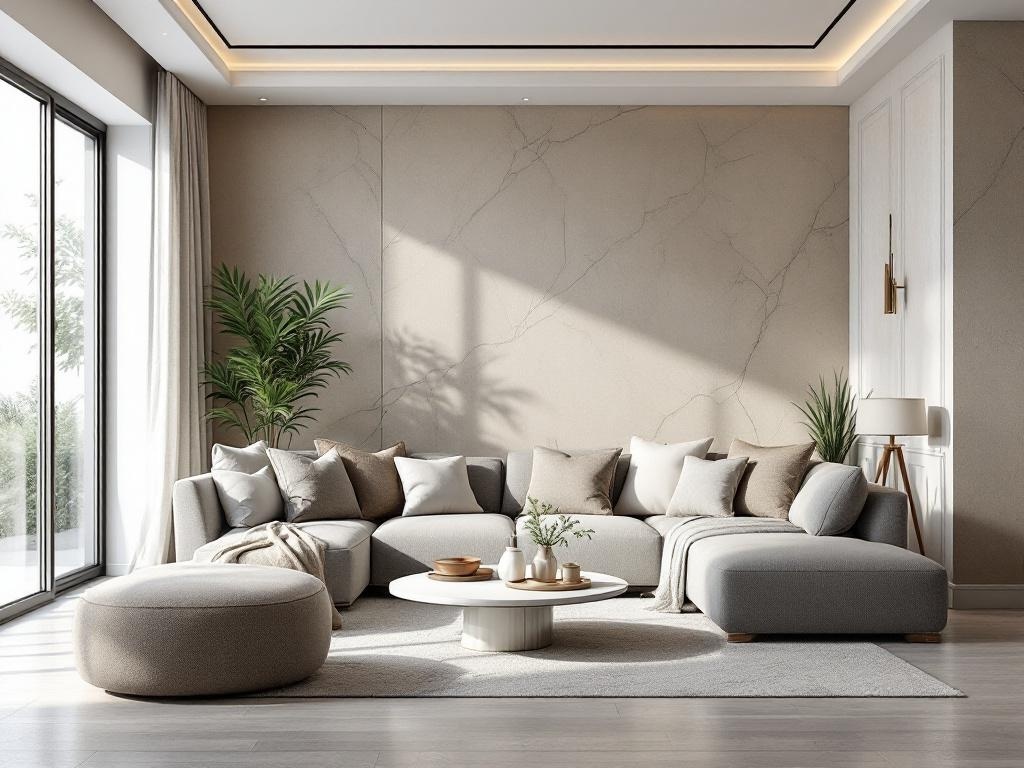 Modern living room with textured walls, a cozy sectional sofa, and natural light.