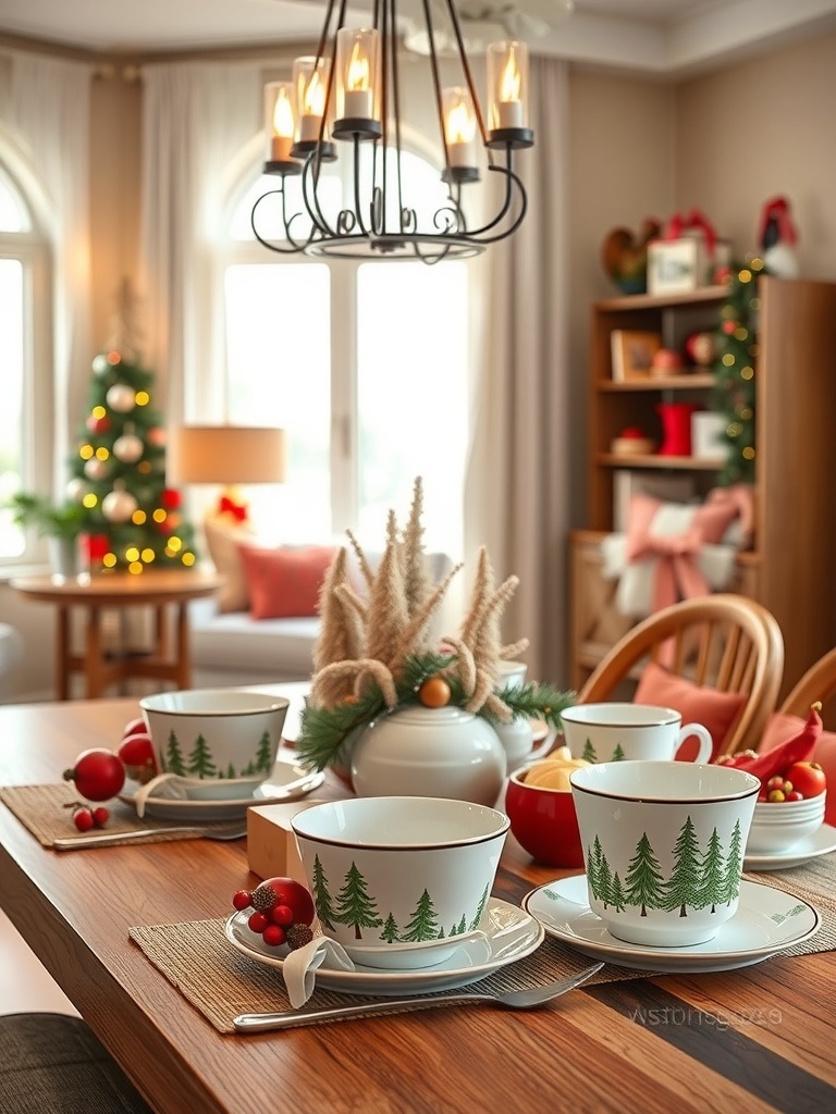 A holiday table setting featuring themed dinnerware with tree designs, festive decorations, and a cozy atmosphere.
