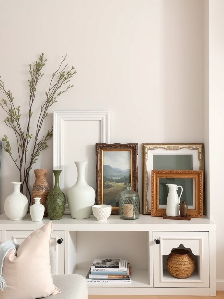 A collection of decorative vases, picture frames, and a plant branch arranged on a shelf.