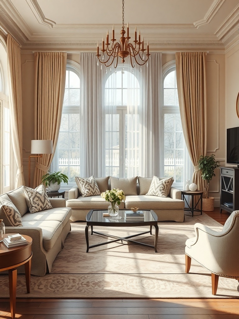 A luxurious living room with large windows, elegant furniture, and a chandelier.