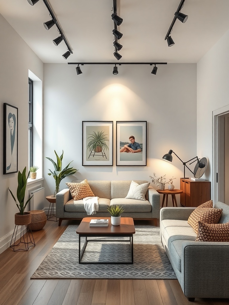 A cozy living room featuring track lighting on the ceiling, illuminating artwork and furniture.
