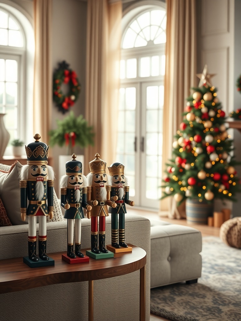 A cozy living room decorated for Christmas with nutcracker figurines and a Christmas tree.